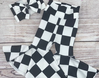 Black and White Checkered / Baby Girl Bell Bottoms and Bow Set