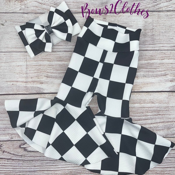 Black and White Checkered / Baby Girl Bell Bottoms and Bow Set