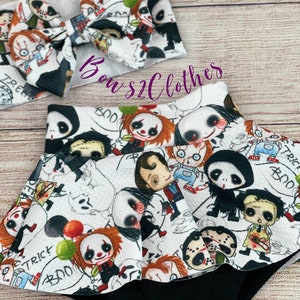 Halloween Horror High Waisted Skorts/ Baby Girl High Waisted Skirted Bummies and Headwrap Bow Set