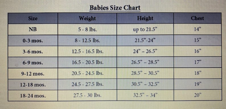 May include: A chart showing baby sizes by age, weight, height, and chest measurements. The chart includes sizes from newborn to 18-24 months. Measurements are in inches and pounds.