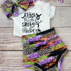 Thick Thighs and Spooky Vibes / Halloween Brushstroke High Waisted Bummies/ Baby Girl High Waisted Shorts/ Top, Bummies and Headwrap Bow Set