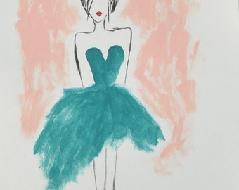 Whimsical, Fashion Illustration, original art, mixed media,