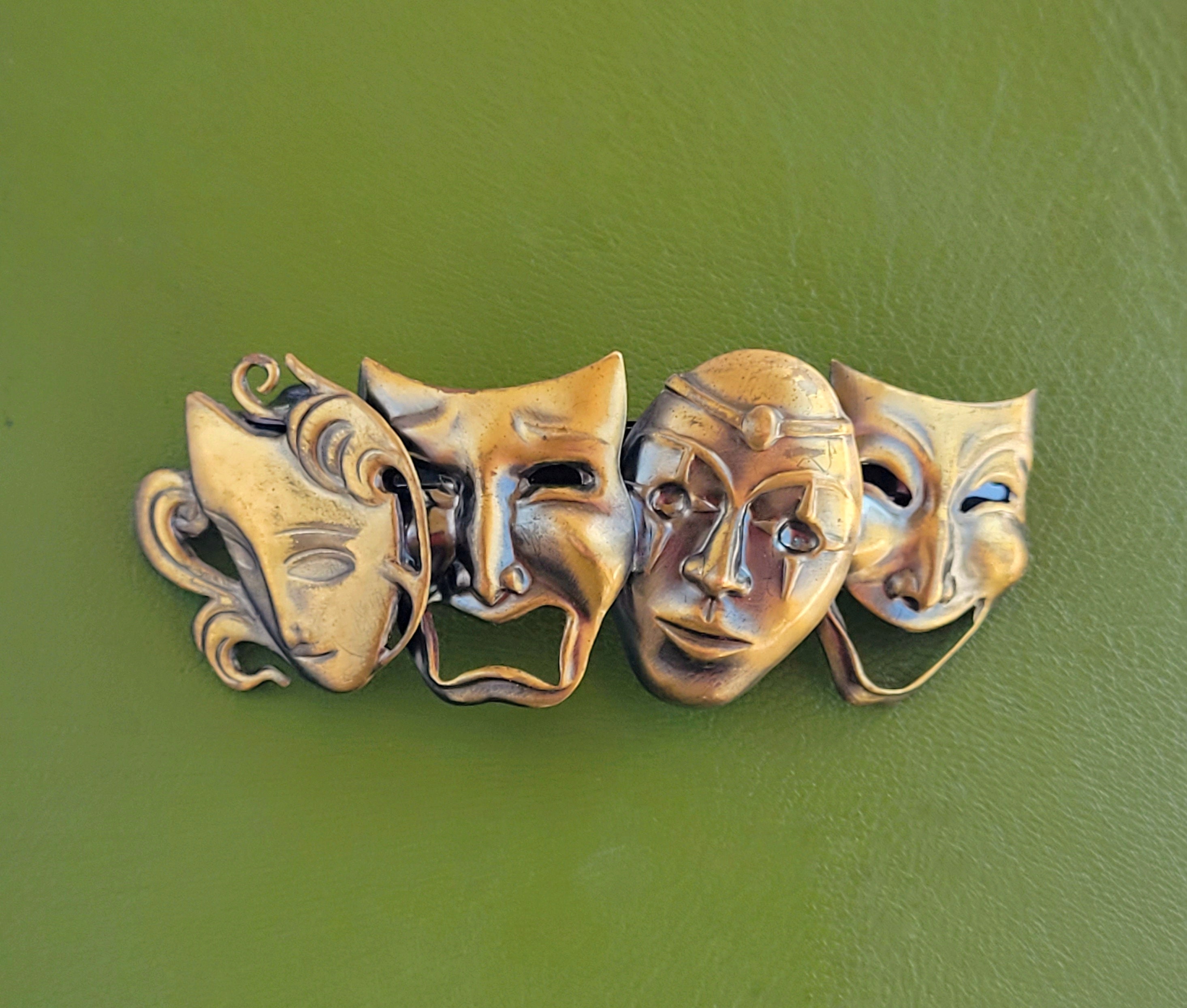 Rare Vintage Made in France Gold Tone Comedy Tragedy Theater Mask Barrette Clip Gold Plated Comedy Tragedy Theatre Mask Lapel Pin Badge Gift  main image 2