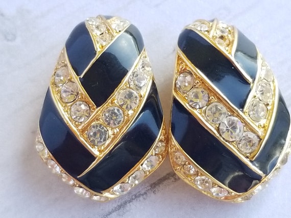 Oscar de la Renta gold tone black enamel rhineston
