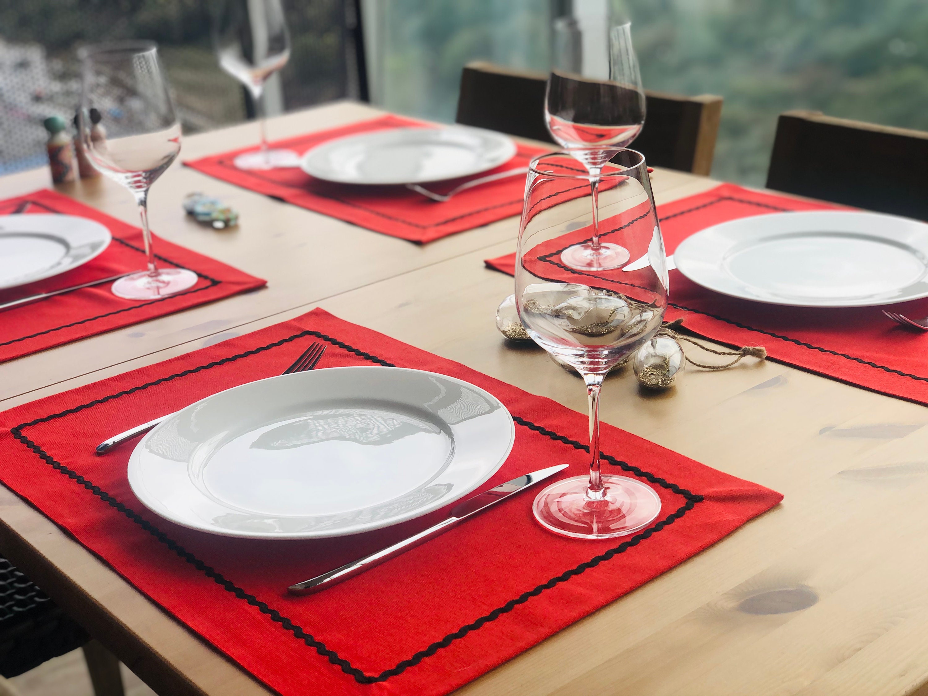 Red and Black Placemat / Black Hemstitch Placemat / Cotton Placemat