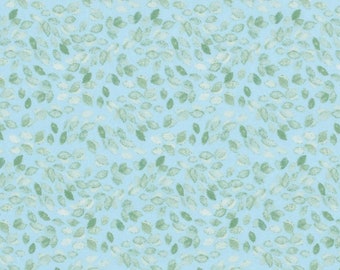 May include: A light blue fabric with a repeating pattern of green leaves. The leaves are scattered randomly across the fabric.