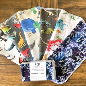 Dinosaurs Variety 1 or 2ply 12&quot;x11&quot;/8&quot;x8&quot; UNPAPER TOWELS 6 12 24 Cloth Napkins Sets Cotton Flannel/ Washable Reusable Paper Towels