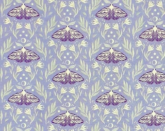 May include: A purple and white repeating pattern of moths and floral designs on a light purple background. The pattern is reminiscent of a vintage wallpaper design.