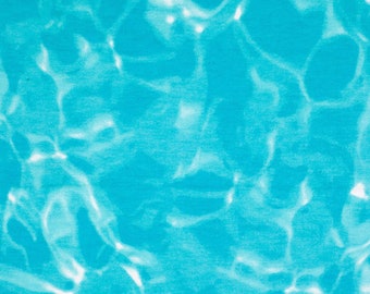 May include: A turquoise blue fabric with a white water ripple pattern. The fabric has a smooth, soft texture.