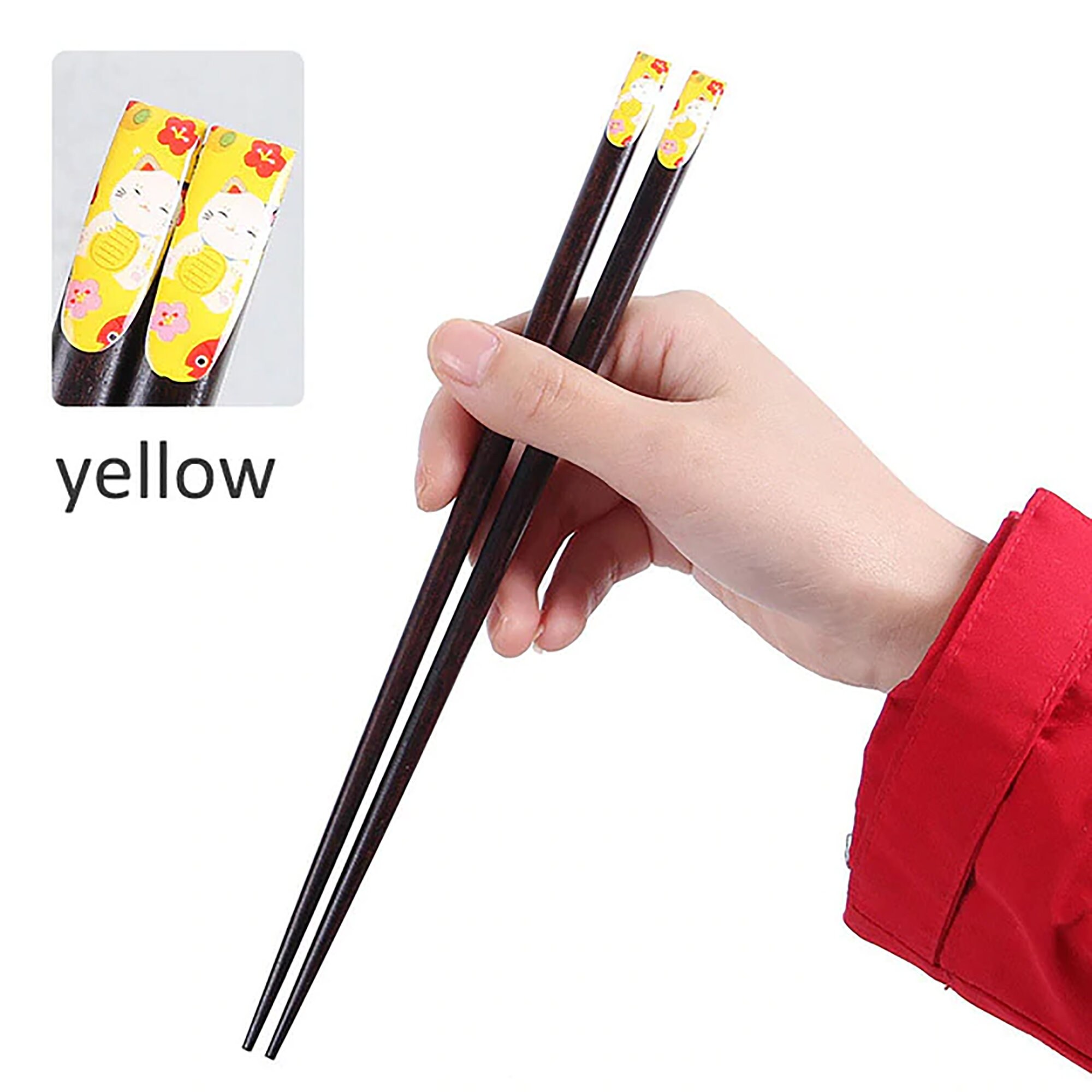 Japanese Style Natural Solid Wood Yellow Maneki Neko Lucky Cat Chopsticks On Non-Slip Reusable Tableware Bento Kitchen