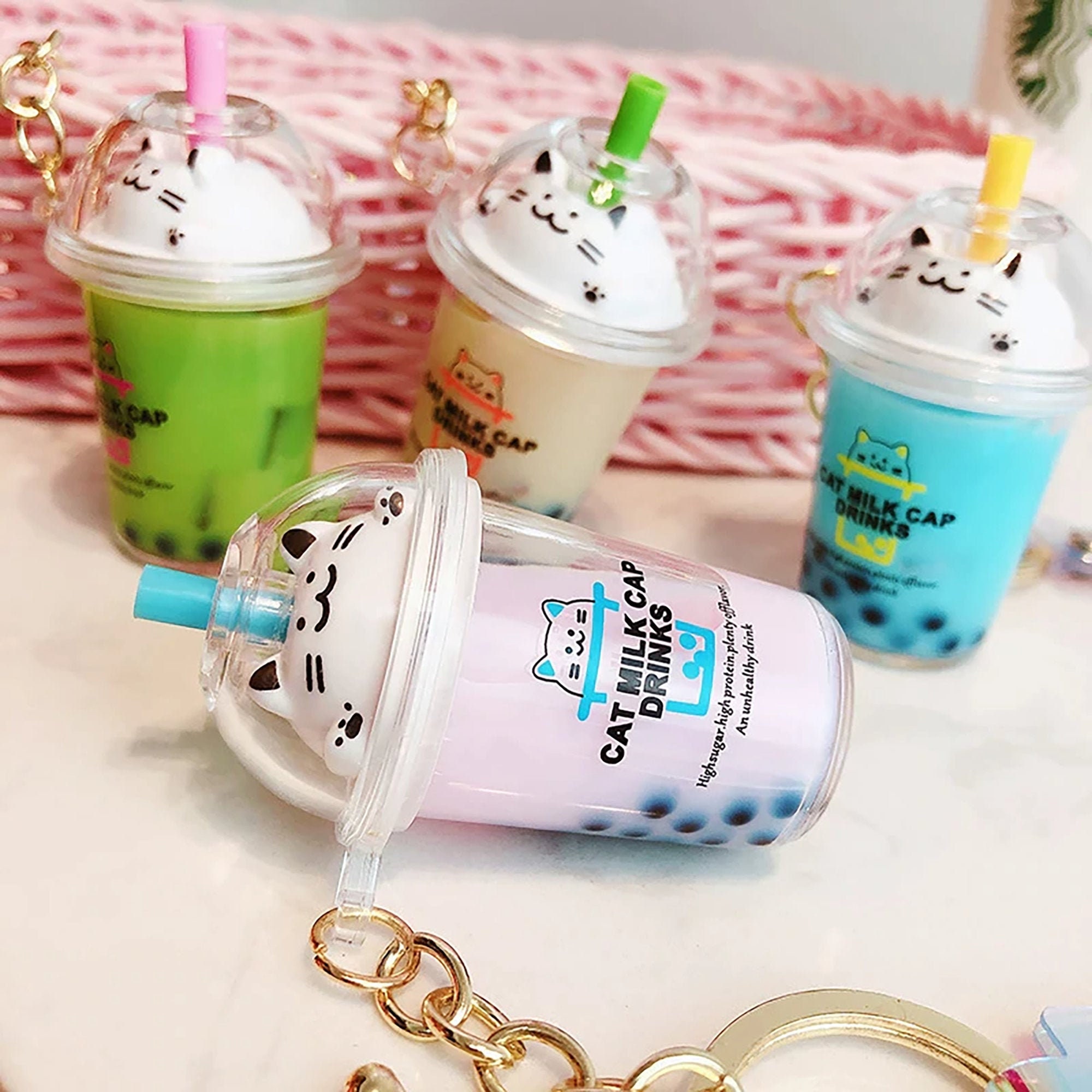 Cute Boba Milk Tea Bubble Tea Cat Liquid Sequin Key Ring/Key | Etsy