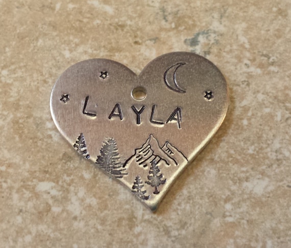 Mountain and tree w/moon dog heart tag , Custom dog tag, hand stamped name, name pet id tag, ADD A NAME by ColeandRiley