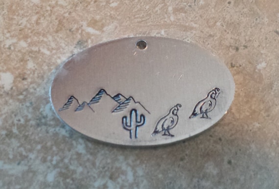 Mountain and quail desert oval tag , Custom dog tag, hand stamped name, name pet id tag, ADD A NAME by ColeandRiley
