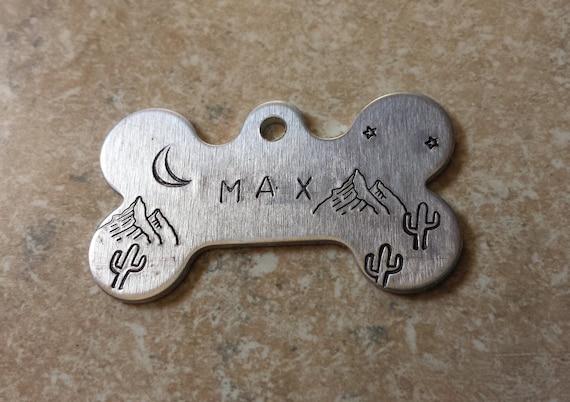 Cactus and mountain Dog Bone tag , Custom dog tag, hand stamped name, name pet id tag, ADD A NAME by ColeandRiley