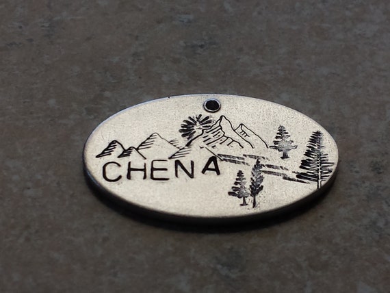 Mountain trail dog  oval tag , Custom dog tag, hand stamped name, name pet id tag, ADD A NAME by ColeandRiley