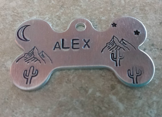 Cactus and mountain Dog bird Bone tag , Custom dog tag, hand stamped name, name pet id tag, ADD A NAME by ColeandRiley