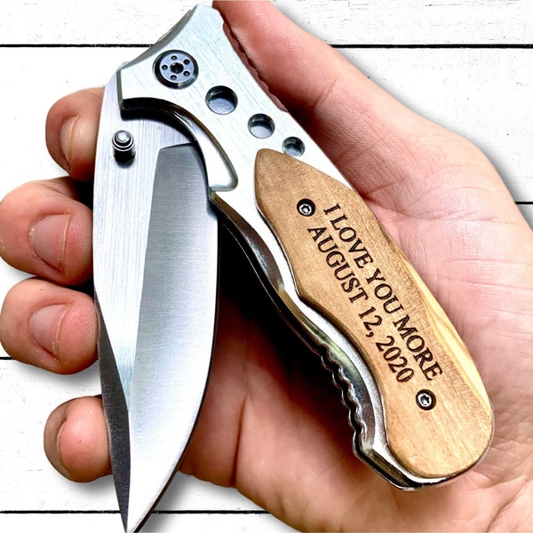 Personalized Pocket Knife Engraved, I love You More, Gift for Husband, Anniversary Gifts, Wedding Gift from Bride, Birthday Gift for Wife