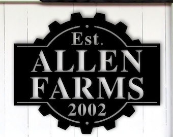 May include: Black metal sign with a gear design. The sign says "Est. Allen Farms 2002".