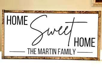 Home Sweet Home Sign, Wood Framed Sign, Home Wall Decor, Farmhouse Wall Decor, Home Sign, Personalized Family Name Sign, Living Room Signs