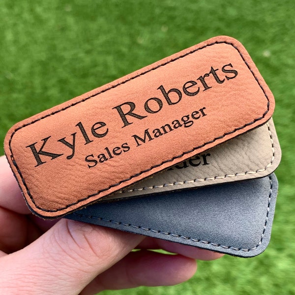 Custom Engraved Name Tag Badges, Personalized Identification, Wearable Magnetic Name Tags for Business or Work, Leather Name Tag Leatherette