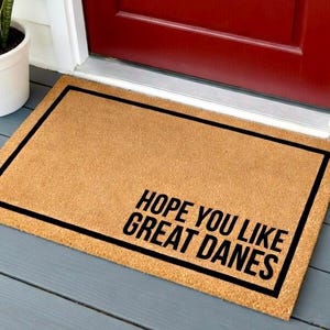 May include: A rectangular doormat made of natural coir fiber, featuring a black border and the text "HOPE YOU LIKE GREAT DANES" in bold, black letters. The mat is placed on a gray wooden porch, near a red door and a potted plant.