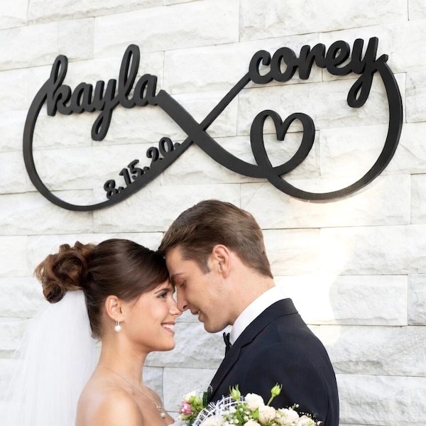 Letrero de metal de infinito personalizado, letrero de infinito con nombre, letrero de infinito personalizado con nombres, letrero de aniversario, letrero de fecha de boda, regalo para recién casados