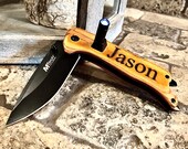 Engraved Tactical Rescue Knife Seat Belt Cutter Bottle Opener Glass Breaker Pocket Folding Black Blade Groomsmen Gift Survival Knife EDC