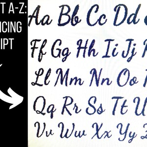 May include: A font alphabet chart showing the letters A through Z in a cursive, dancing script style. The letters are in black on a white background.