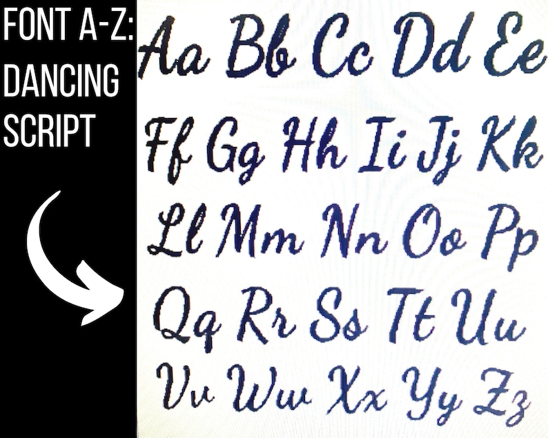 May include: A font alphabet chart showing the letters A through Z in a cursive, dancing script style. The letters are in black on a white background.