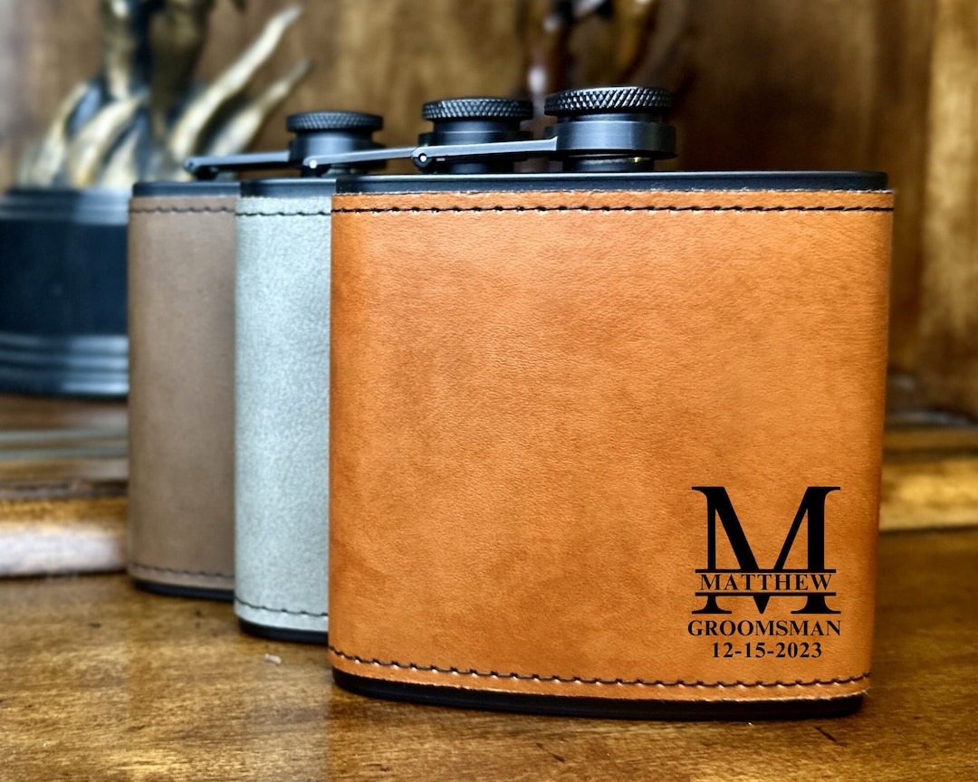Groomsmen Flask, Groomsmen Gifts Personalized, Engraved Leather Flask ...