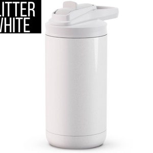 May include: A white, glitter-textured water bottle with a flip-top lid. The bottle has a cylindrical shape and the text "GLITTER WHITE" is displayed in a black rectangle. The lid is white and has a built-in handle.