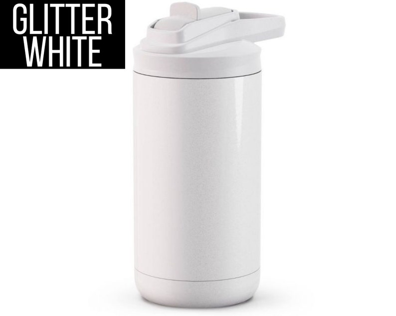 May include: A white, glitter-textured water bottle with a flip-top lid. The bottle has a cylindrical shape and the text "GLITTER WHITE" is displayed in a black rectangle. The lid is white and has a built-in handle.