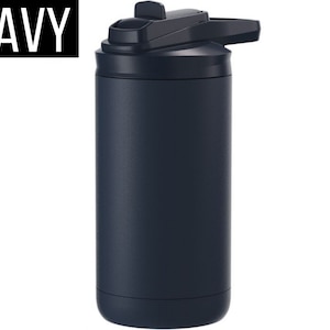 May include: A navy blue water bottle with a flip-top lid. The word "NAVY" is displayed in white block letters in the upper left corner. The bottle is cylindrical and appears to be made of insulated metal.