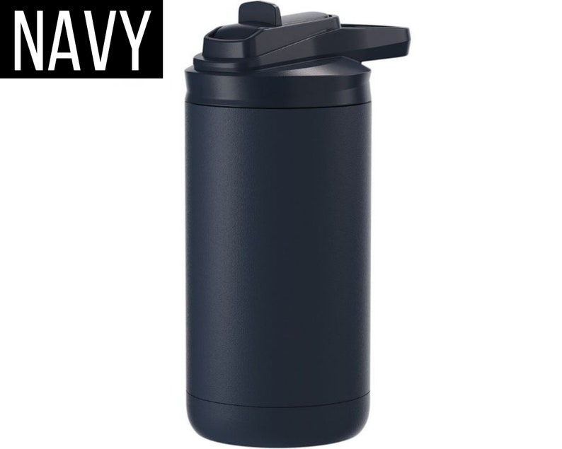 May include: A navy blue water bottle with a flip-top lid. The word "NAVY" is displayed in white block letters in the upper left corner. The bottle is cylindrical and appears to be made of insulated metal.