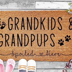Grandkids and Grandpups Spoiled Here Doormat for Grandma Welcome Mat for Grandparents Gifts for Christmas Mothers Day Gifts for Nana, Mimi