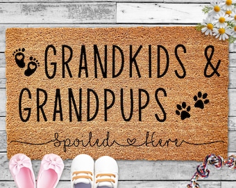 Grandkids and Grandpups Spoiled Here Doormat for Grandma Welcome Mat for Grandparents Gifts for Christmas Mothers Day Gifts for Nana, Mimi