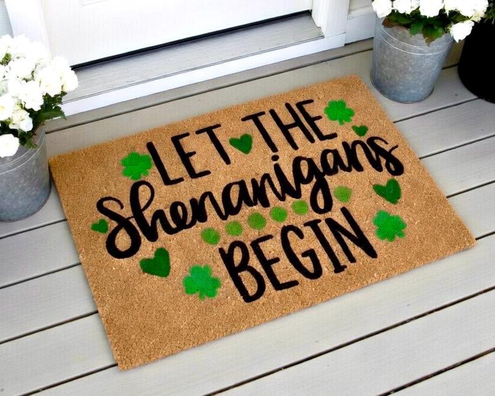 Let the Shenanigans Begin Shamrock Doormat, St. Patrick's Day Housewarming Gift Door Mat, Closing Gift, St Patricks Day Decor, Welcome Mat