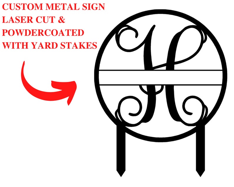 May include: Black metal monogram sign featuring a decorative letter H and a blank space for a name. The sign is attached to two metal stakes for placement in the ground.