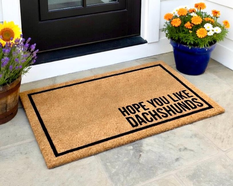 May include: A rectangular doormat made of natural coir fibre, featuring a black border and the text "HOPE YOU LIKE DACHSHUNDS" in bold black letters. The mat is placed in front of a black door, with potted flowers nearby.