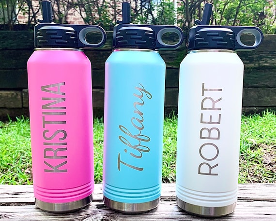 Personalized Water Bottles 32oz with Flip-Top Lid and Straw, Stainless Steel