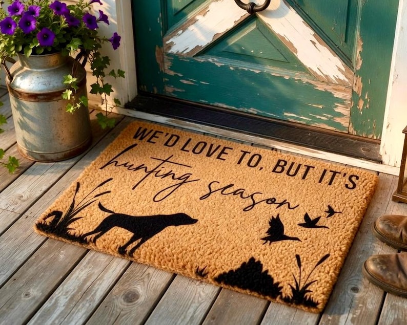 May include: A rectangular doormat with the text "WE'D LOVE TO, BUT IT'S hunting season" in black script. The mat features a black silhouette of a dog, birds, and foliage on a tan background. The mat is placed on a wooden porch.