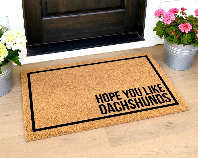 May include: A rectangular coir doormat with a black border and the text "HOPE YOU LIKE DACHSHUNDS" in black. The mat is placed in front of a dark brown door. The mat is made of natural coir fiber.