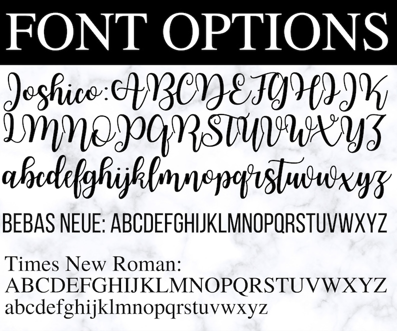 May include: A graphic displaying font options, including Joshico, Bebas Neue, and Times New Roman. Each font is shown in both uppercase and lowercase letters, with a marble-like background.