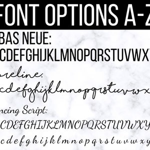 May include: A graphic showing font options, including BEBAS NEUE, shoreline, and Dancing Script. The text displays uppercase and lowercase alphabets for each font style. The background has a marble pattern.