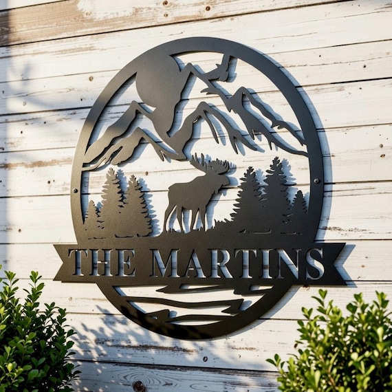 Custom Moose Metal Sign, Personalized Mountain Range Sign, Outdoor Metal Sign, Wildlife Scene, Mountain Home Wall Decor, Cabin Lodge Sign