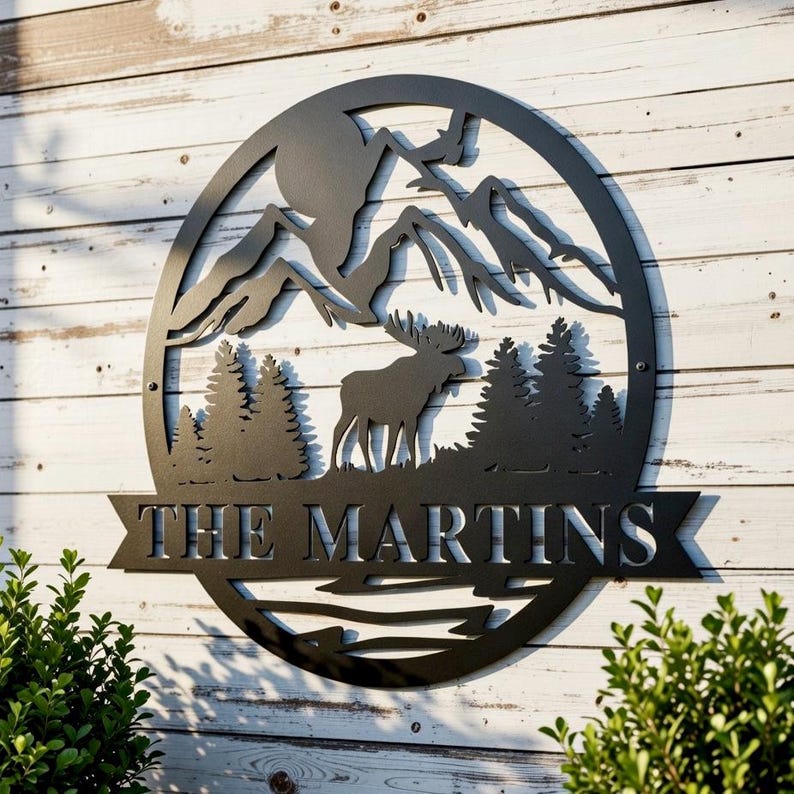 Custom Moose Metal Sign, Personalized Mountain Range Sign, Outdoor Metal Sign, Wildlife Scene, Mountain Home Wall Decor, Cabin Lodge Sign image 1