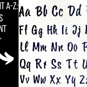 May include: A white background with a black arrow pointing to the right. The text "FONT A-Z: KIDS PRINT" is on the left side of the image. The right side of the image shows the alphabet in a handwritten font, with each letter appearing twice.