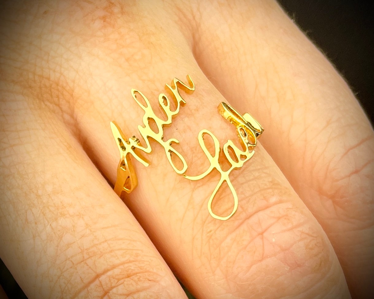 Engraved Hearts & Names Ring in 18k Gold Plating over 925 Sterling Silver |  JOYAMO - Personalized Jewelry