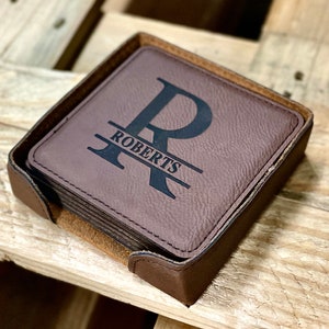 Personalized Coasters Set Holder, Leather Coasters Custom, Leather Coasters Personalized, Square Leather Coasters, Coasters with a Lip