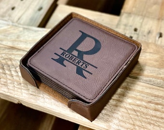 Personalized Coasters Set Holder, Leather Coasters Custom, Leather Coasters Personalized, Square Leather Coasters, Coasters with a Lip